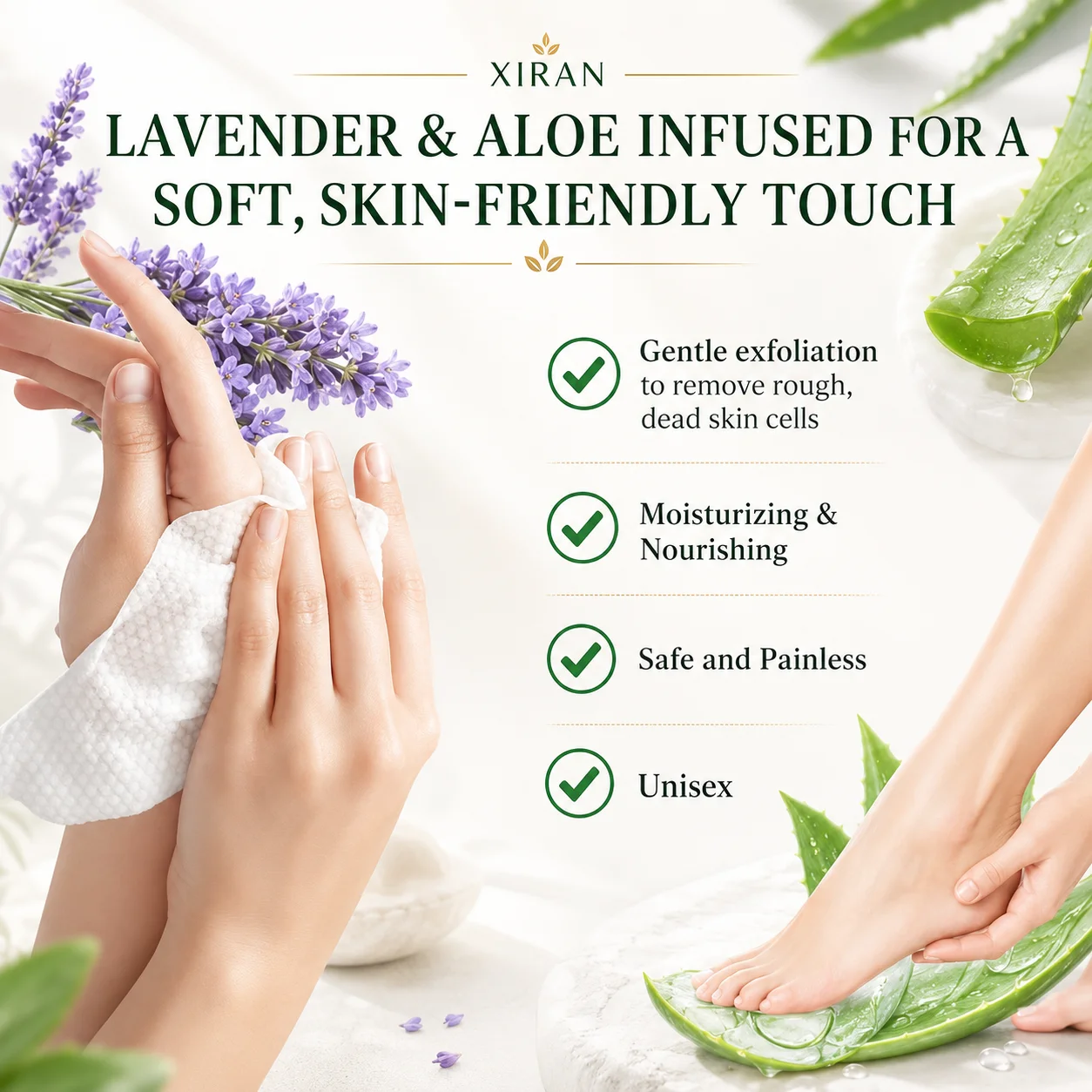 Hands and feet displayed with lavender and aloe, emphasizing skincare benefits like exfoliation, moisturizing, and unisex use.